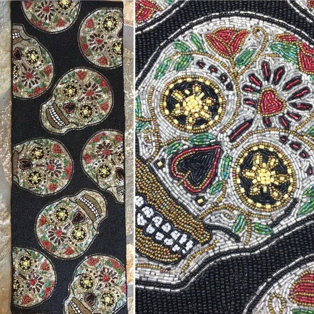 Nicole Miller Beaded Sugar Skull Heart Roses Table Runner Halloween Centerpiece